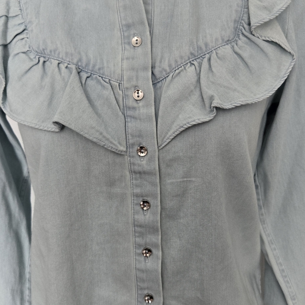 INTERMIX Light Blue Ruffled Button Down Shirt - Picture 2 of 8